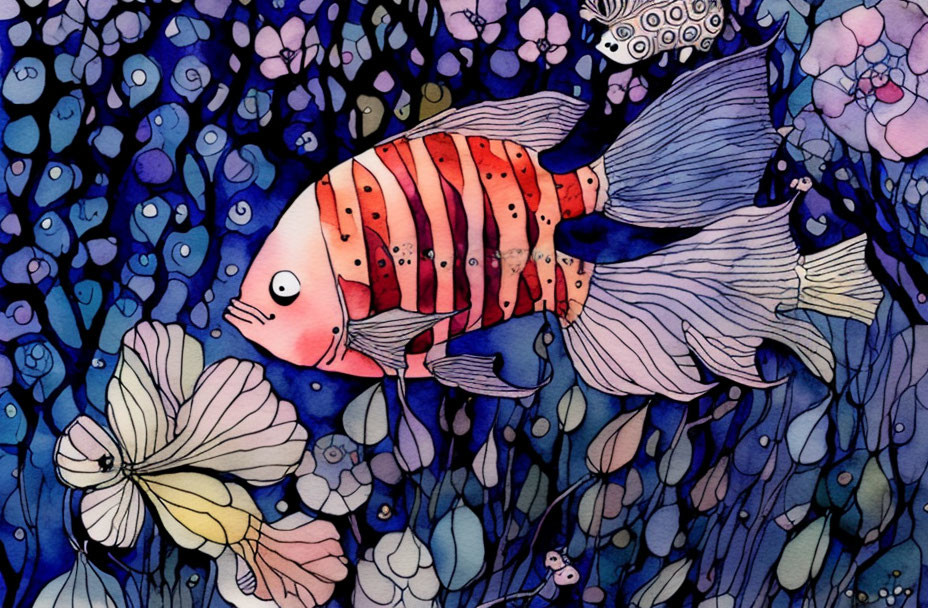 Colorful Watercolor Striped Fish Swimming in Aquatic Scene