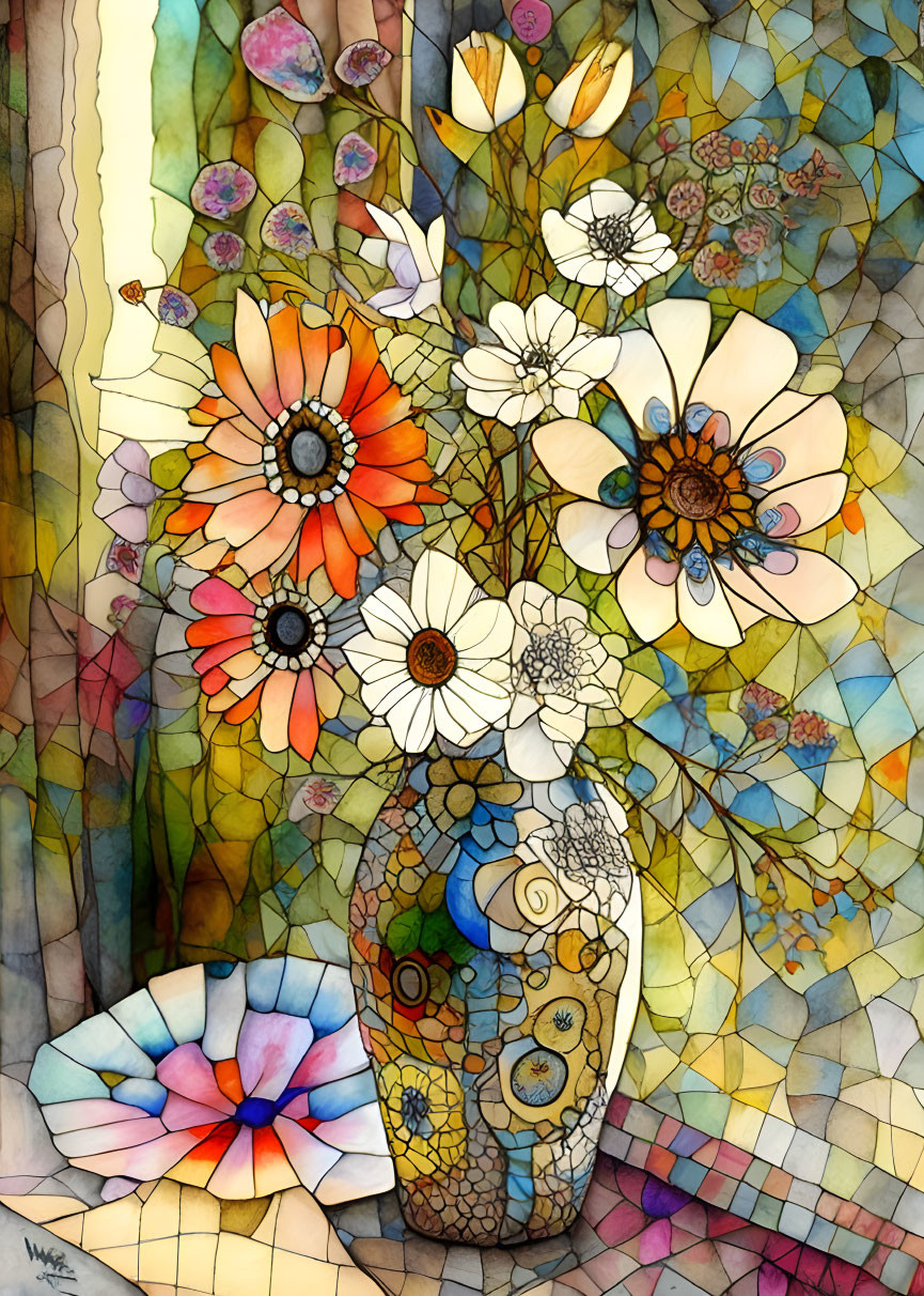 Colorful Stained Glass Flower Bouquet Illustration on Geometric Background