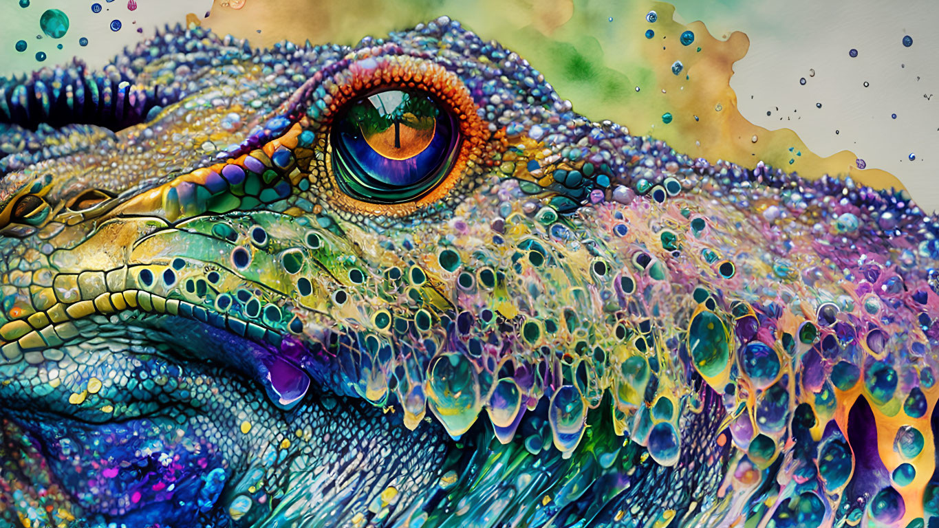 Colorful reptilian eye with iridescent scales and water droplets.