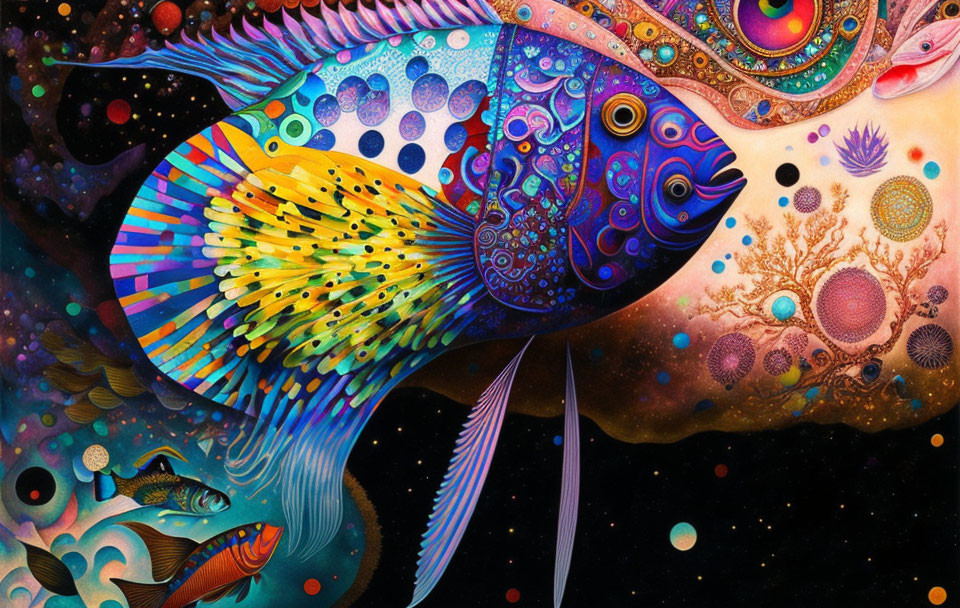 Colorful Stylized Fish Swimming in Cosmic Sea