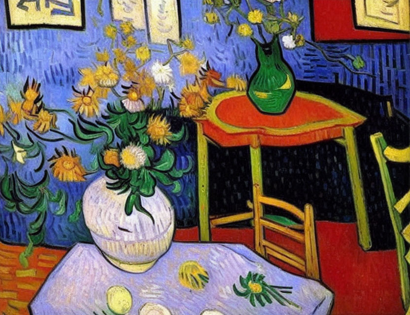 Vibrant room with sunflower vases, red table, yellow chair, and blue walls