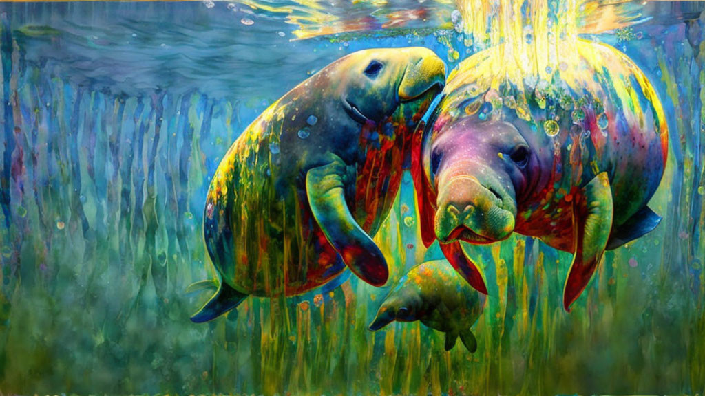 Colorful Underwater Painting of Three Manatees in Vibrant Setting