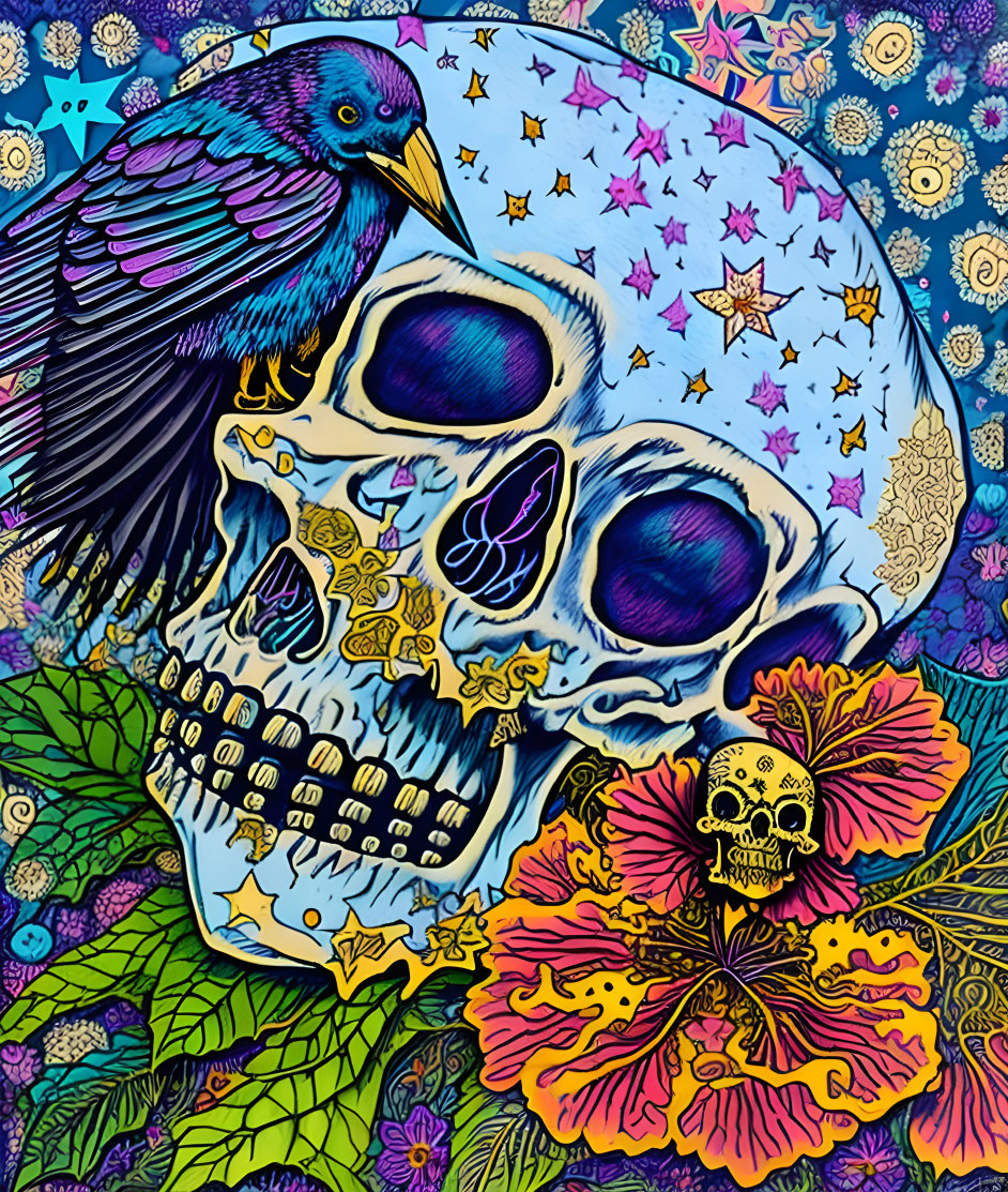 Detailed human skull with gears, raven, flowers, stars, moon in vibrant artwork