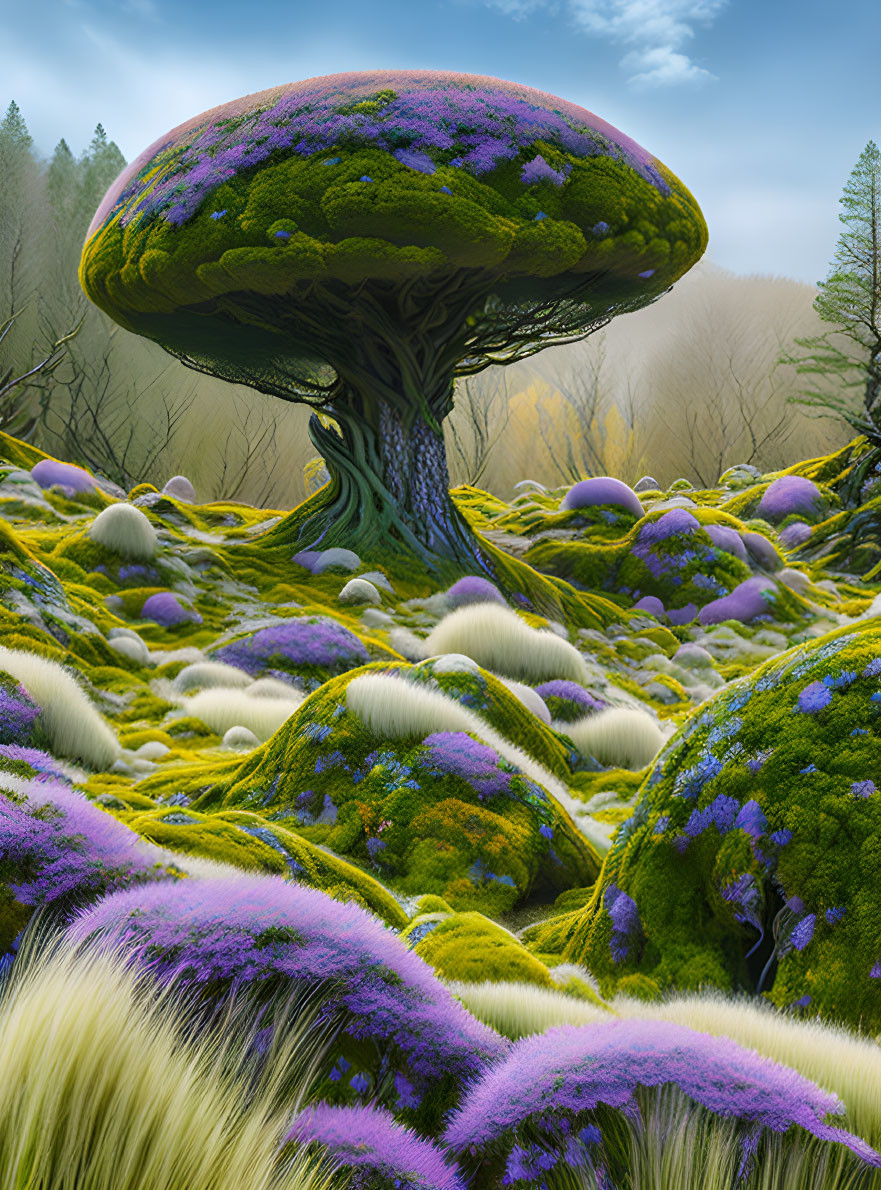 Moss-covered mushroom tree in lush fantasy landscape