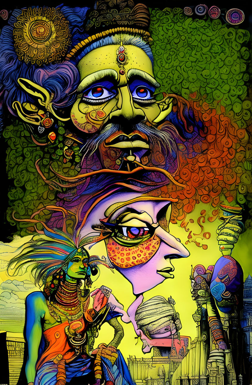 Colorful Psychedelic Artwork with Exaggerated Characters and Spiritual Theme