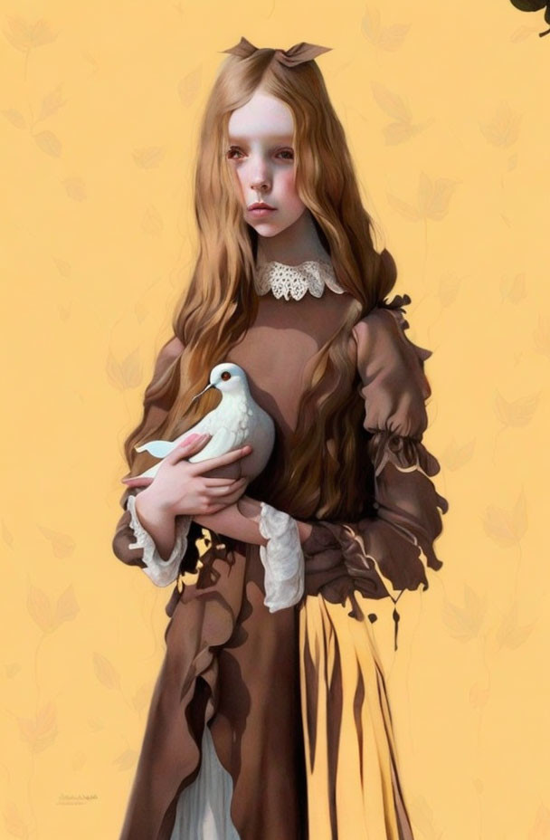 Young girl with long hair holding white dove on yellow background