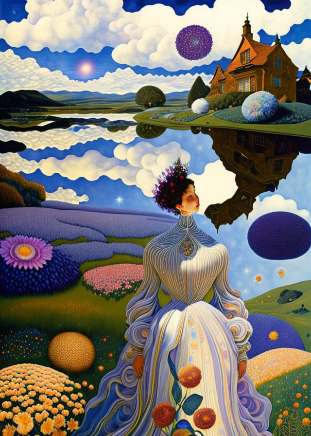 Surreal painting of woman merging with vibrant landscape under blue sky