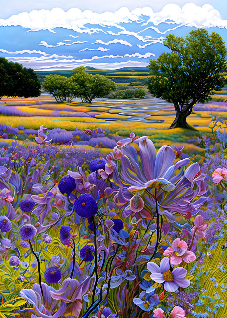 Colorful Flower Field Painting with Tree and Layered Cloud Sky