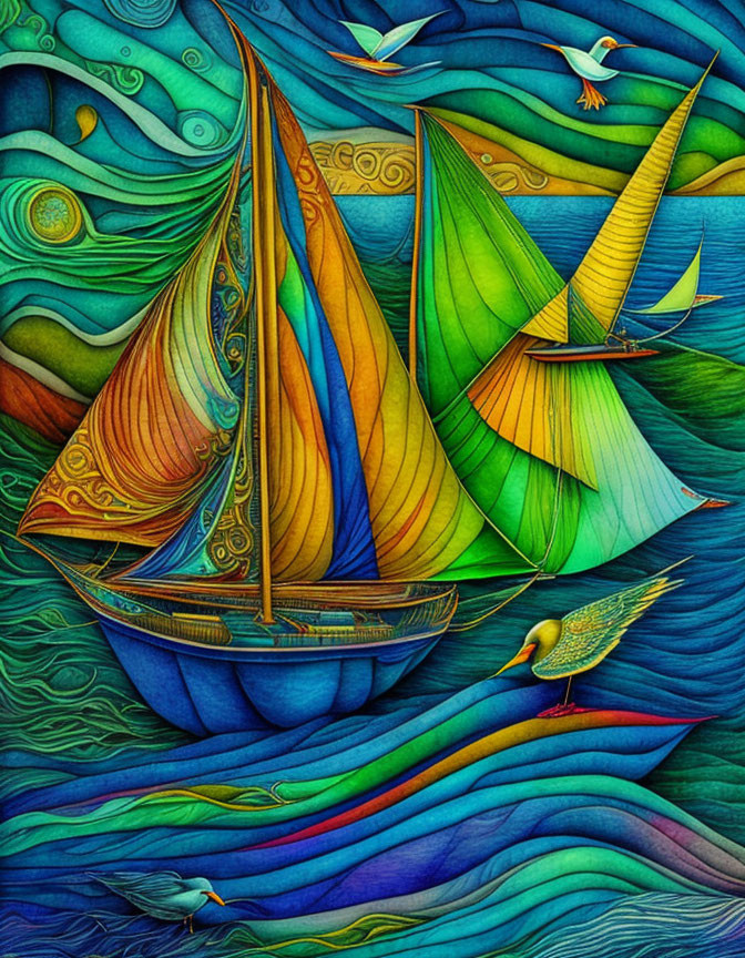 Colorful Sailboats Painting on Patterned Blue Seas