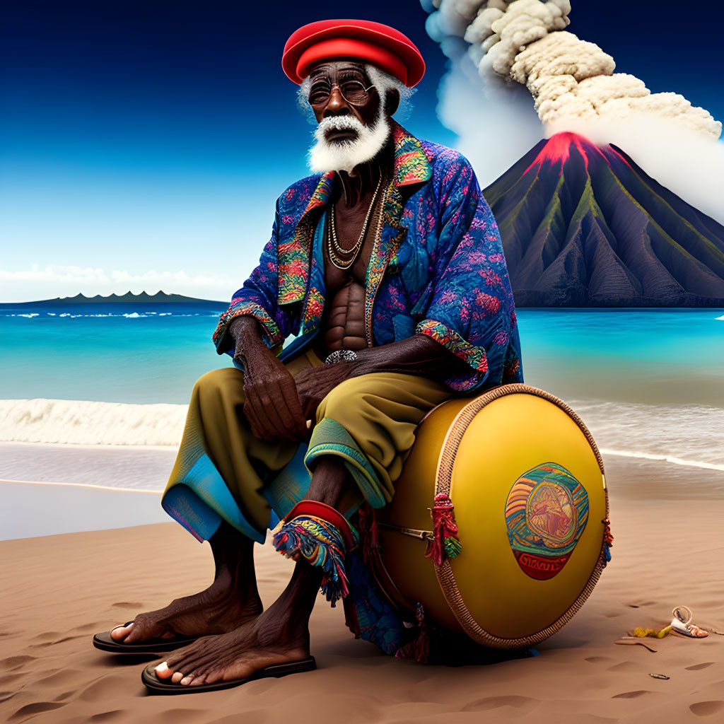 Elderly man in colorful attire sits on drum on beach with smoking volcano