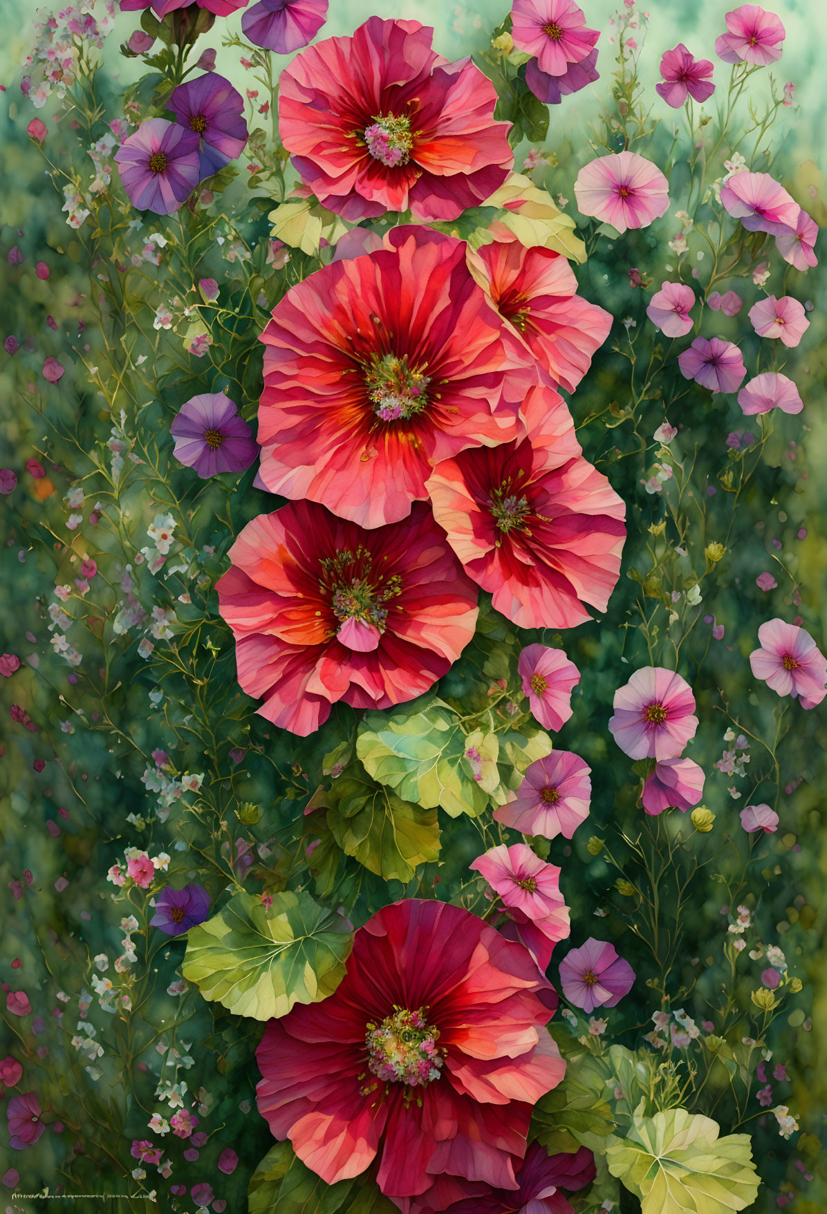 Colorful hollyhocks and wildflowers in a lush garden setting