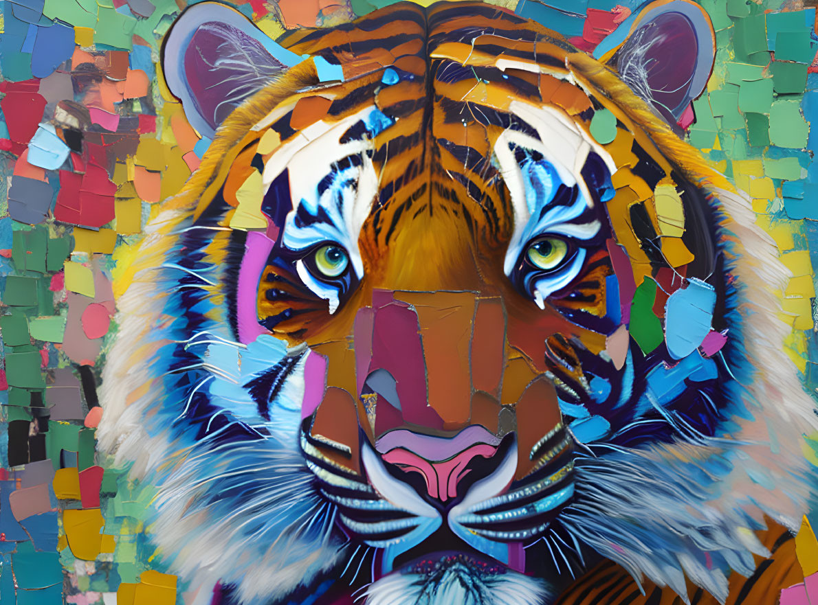 Colorful Tiger Face Painting with Abstract Patterns and Blue Eyes