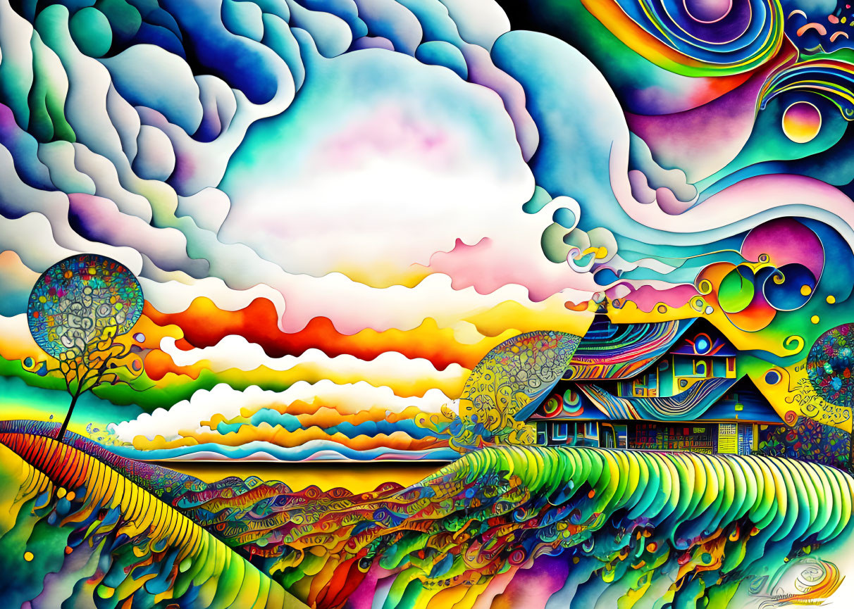 Colorful Psychedelic Landscape with Swirling Patterns and Whimsical House