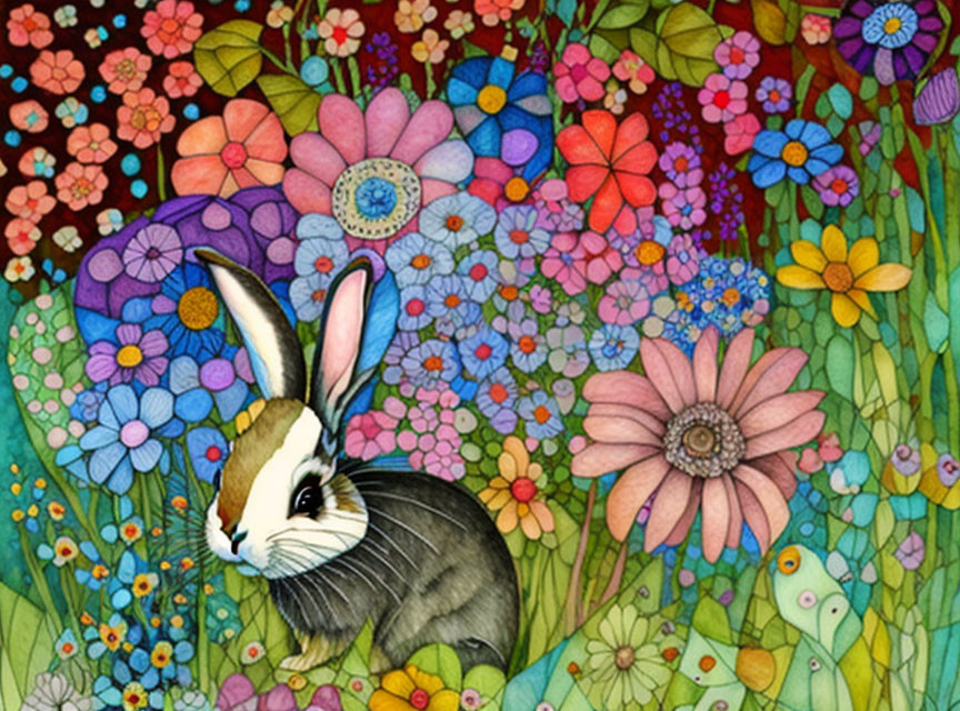 Colorful Rabbit Illustration in Vibrant Floral Background