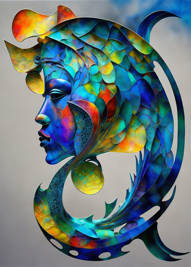 Colorful human-fish hybrid art in iridescent blue and green hues