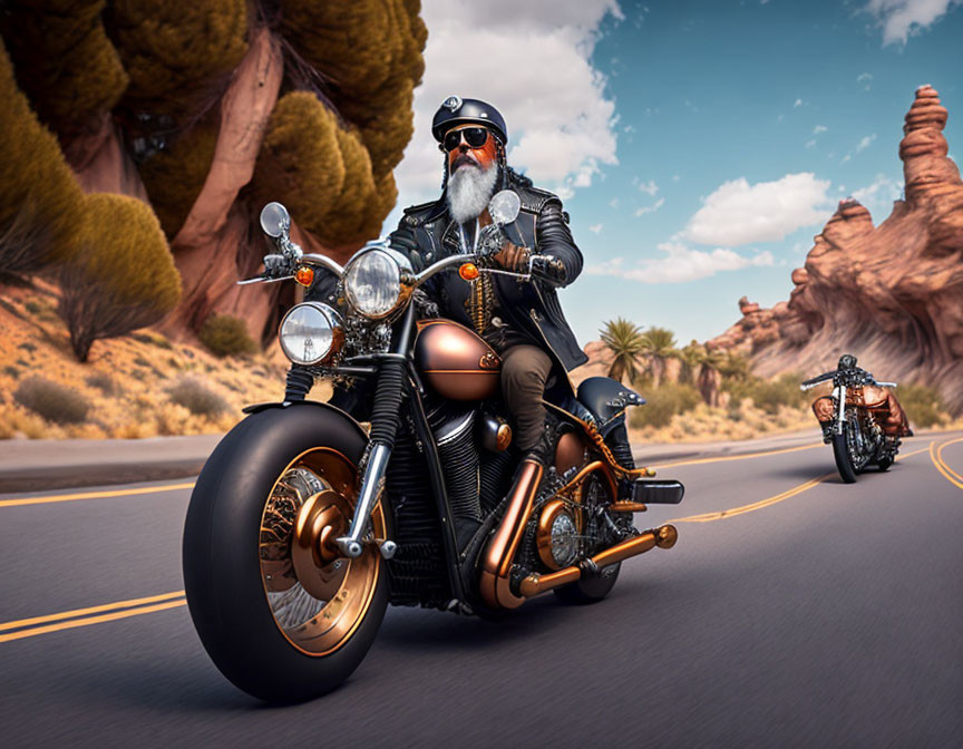 Bearded biker in black outfit rides custom motorcycle in desert with trailing companion