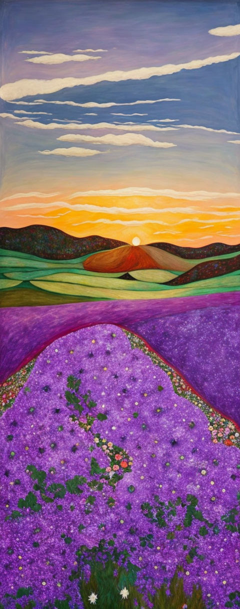 Colorful sunset painting with orange hues, green hills, and purple wildflowers