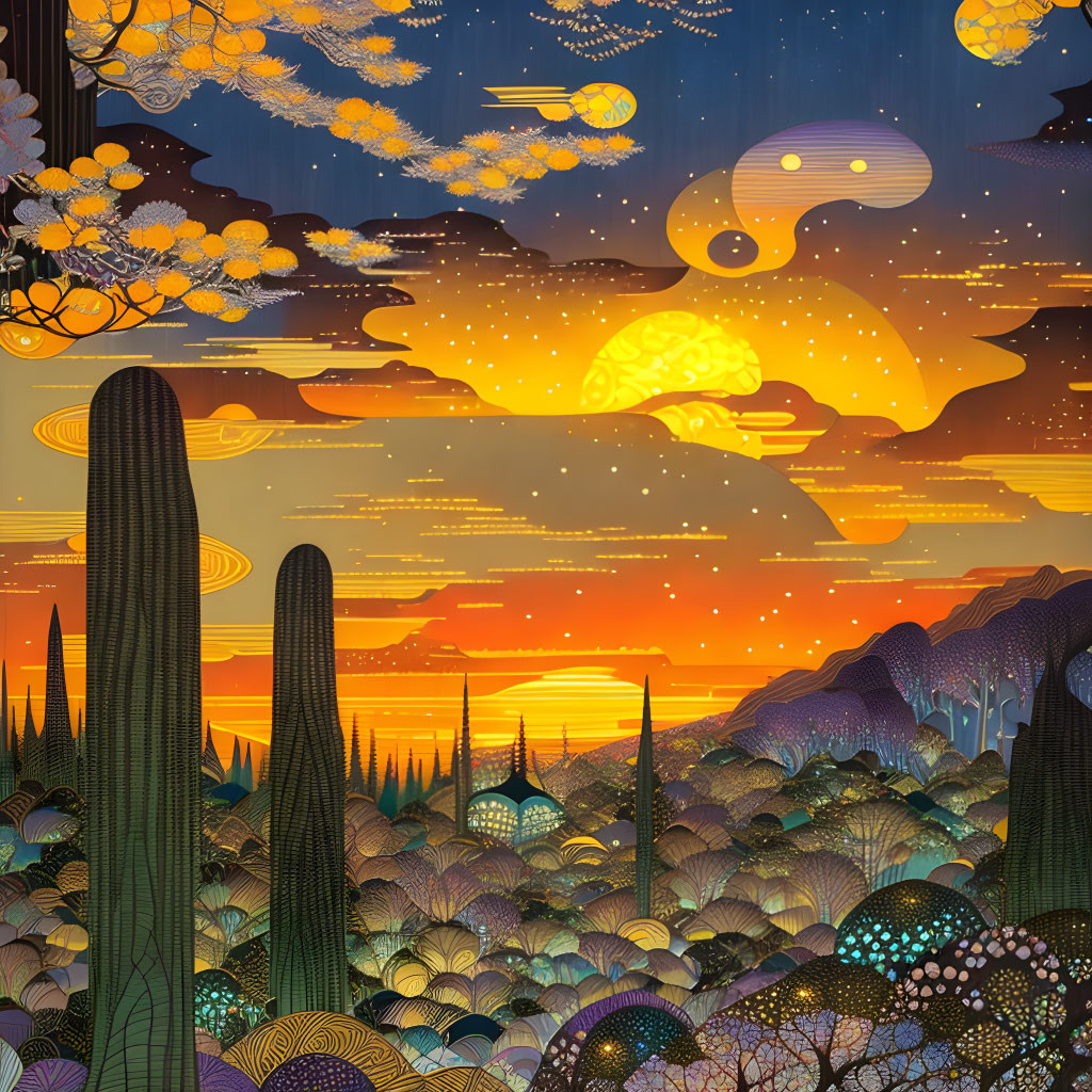 Colorful desert cactus illustration with whimsical patterns