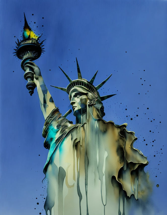 Statue of Liberty with melting effect and blue hues in clear sky