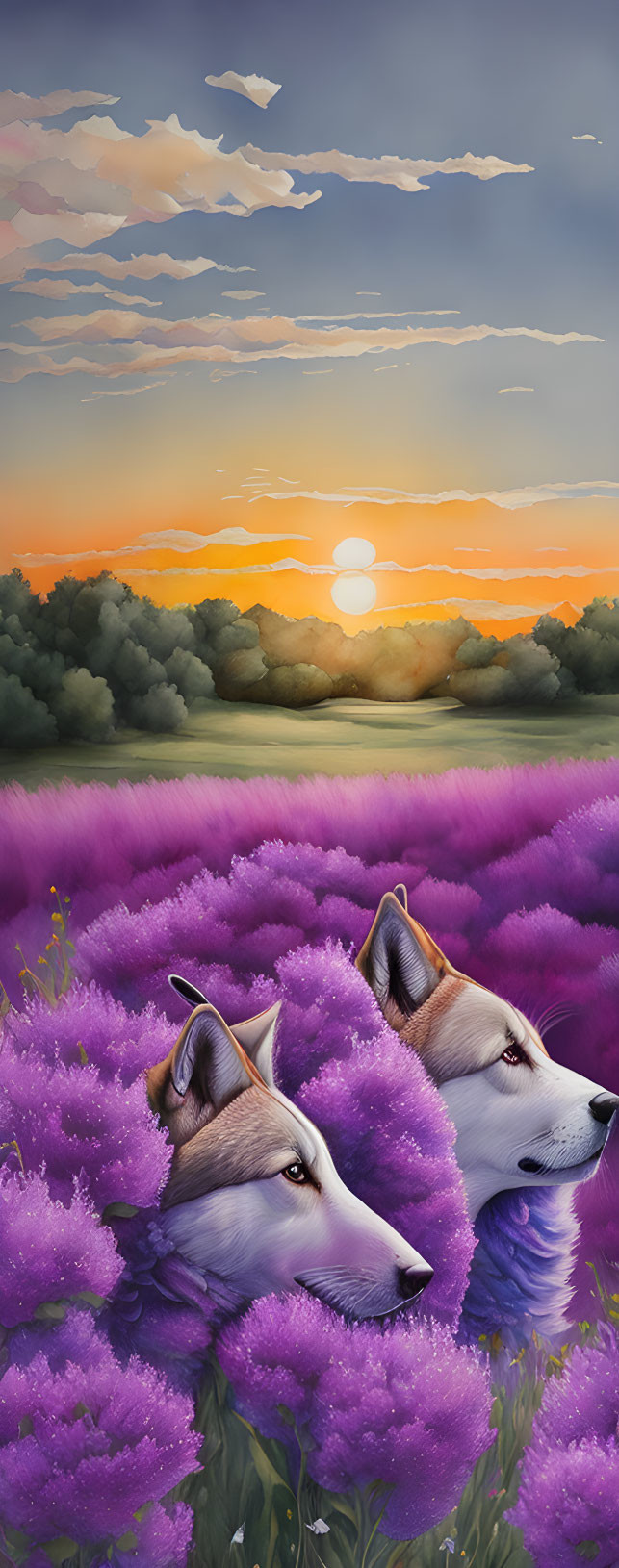 Huskies in purple flower field at sunrise