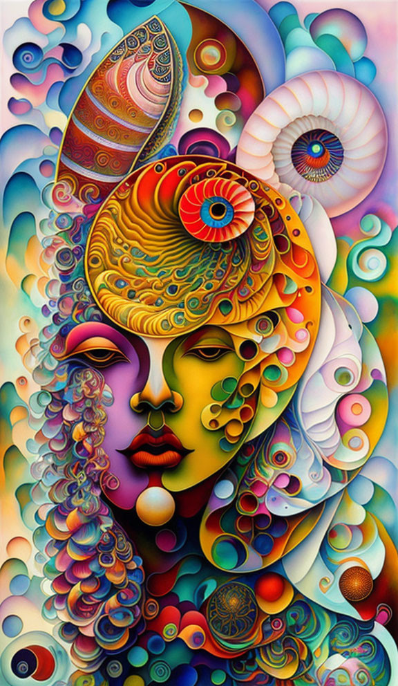 Colorful Psychedelic Art: Stylized Woman's Face with Sea Life and Flora Patterns