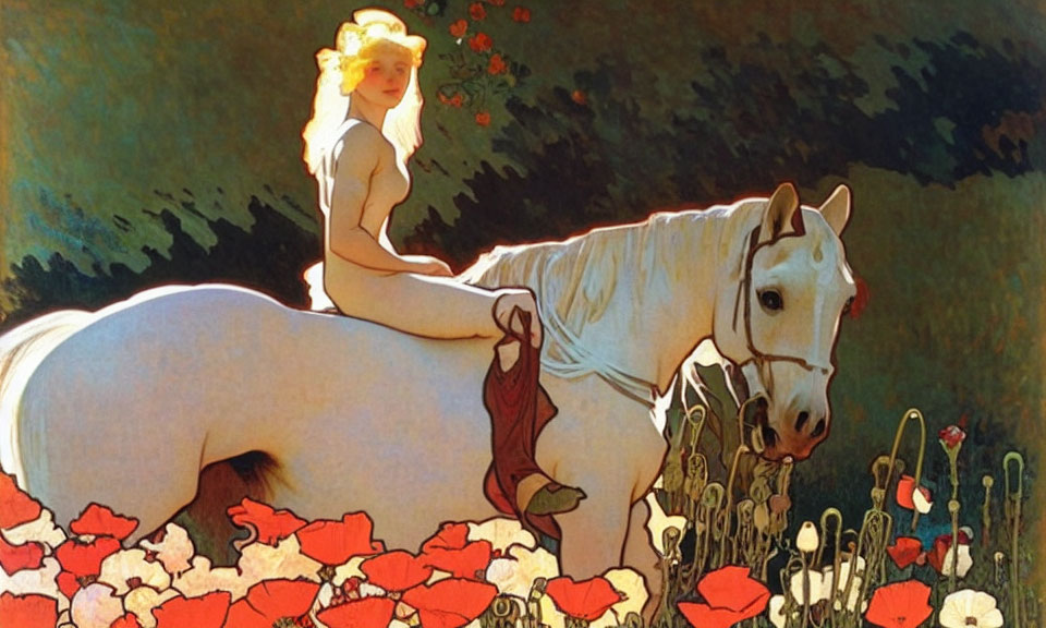 Woman on White Horse in Red Poppy Field with Laurel Wreath