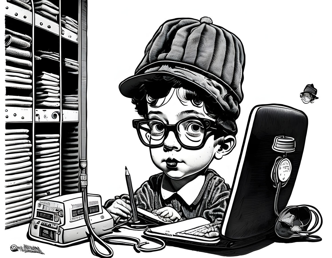 Monochrome illustration of child with glasses at tech-themed desk