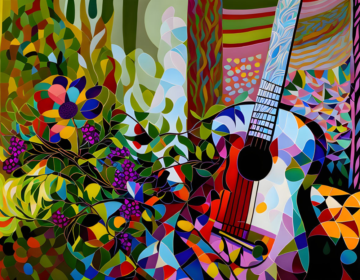 Vibrant Abstract Art: Guitar Among Colorful Foliage