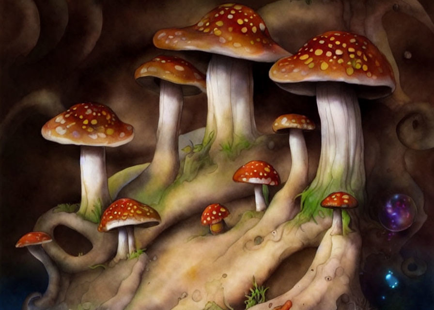 Illustration of red-capped mushrooms in enchanted forest landscape