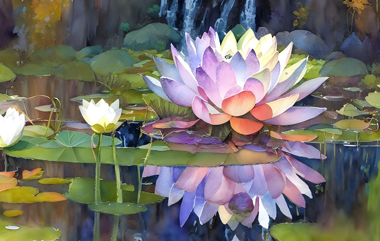 Colorful watercolor painting of blooming lotus in serene pond with lily pads.