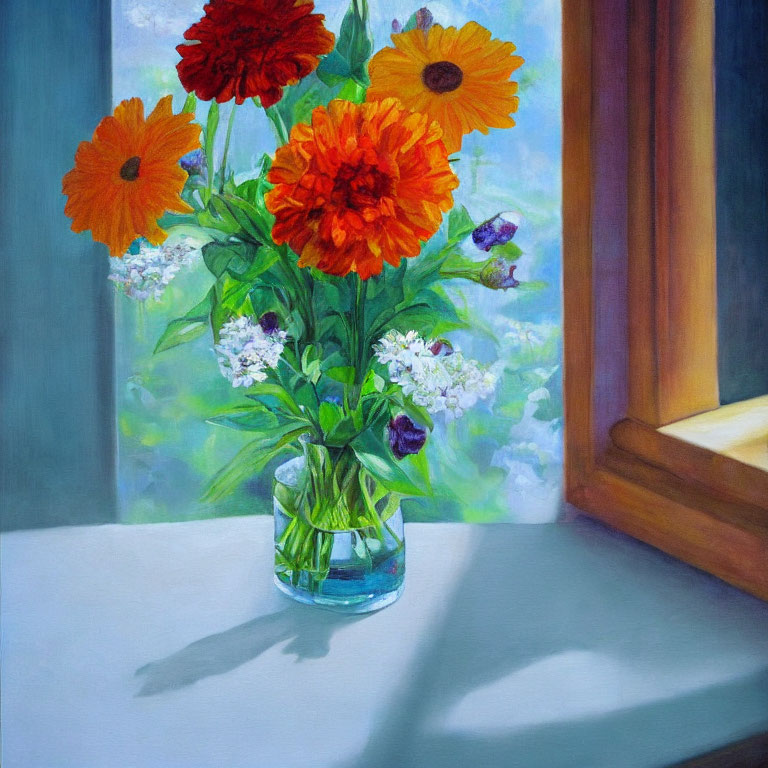 Vibrant bouquet of orange and red flowers in clear glass on table by sunlit window