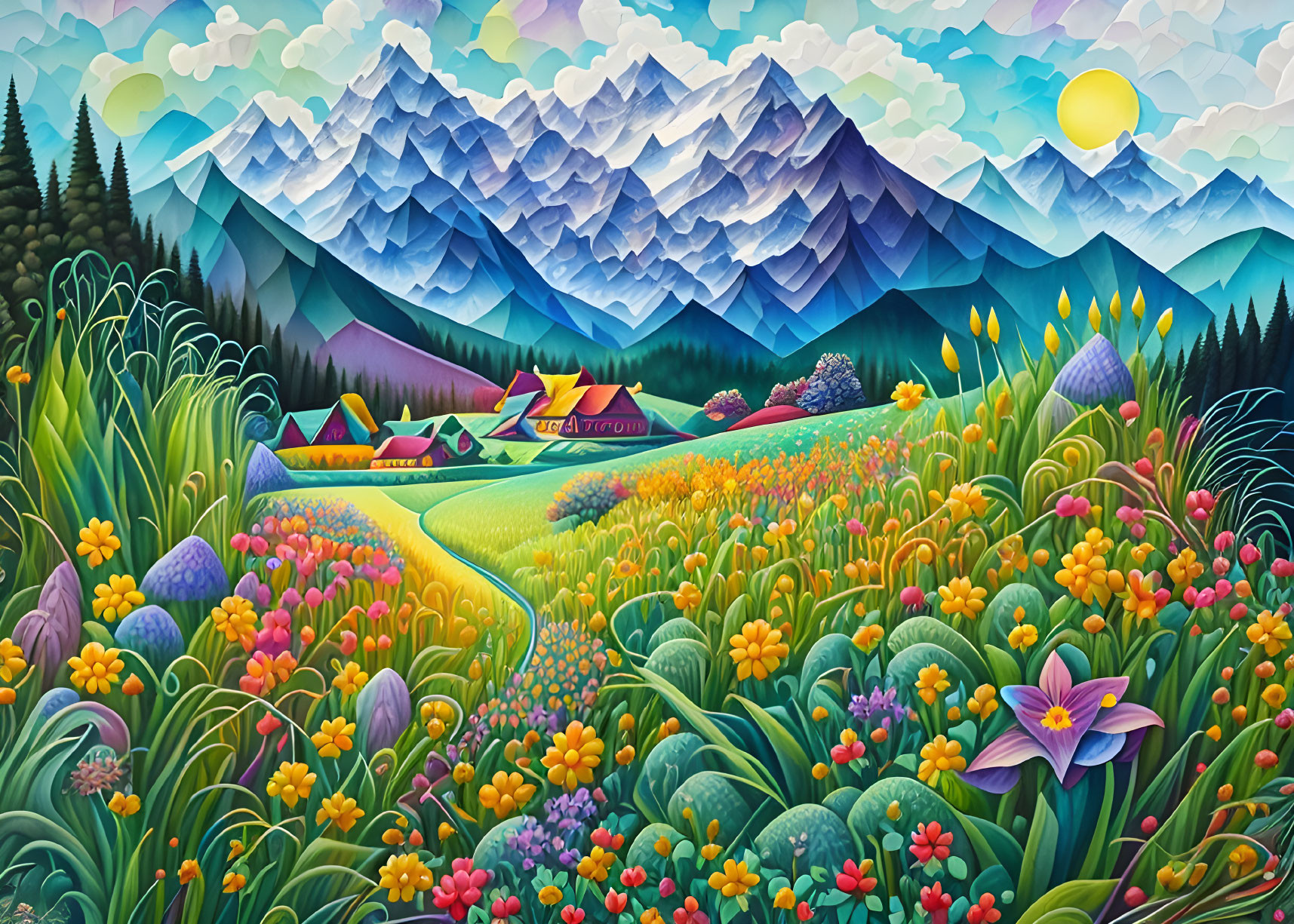 Colorful painting of lush valley with flowers, cottages, and mountains