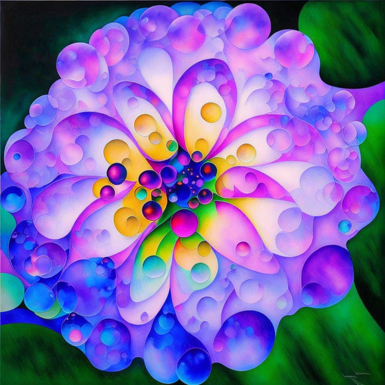 Colorful Psychedelic Bloom Painting with Concentric Circles in Purples, Blues, P