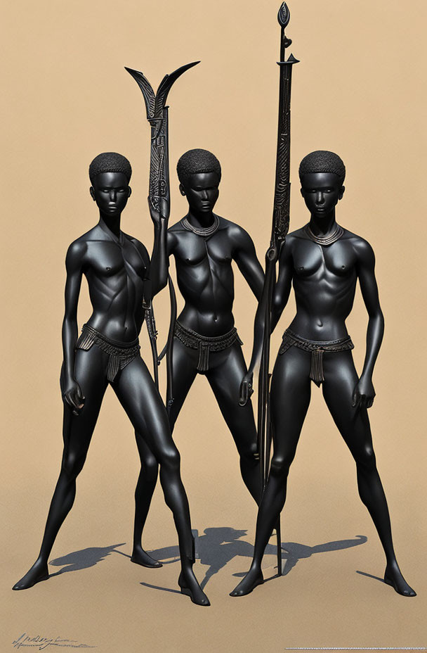 Three standing figures in black with metallic adornments holding slender spears.