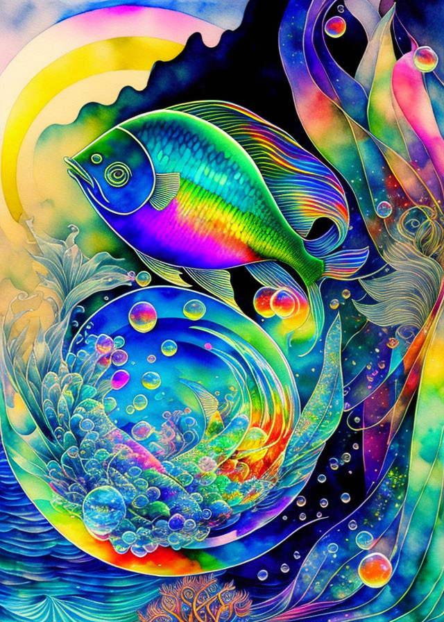 Colorful Fish in Neon Underwater Scene with Psychedelic Patterns