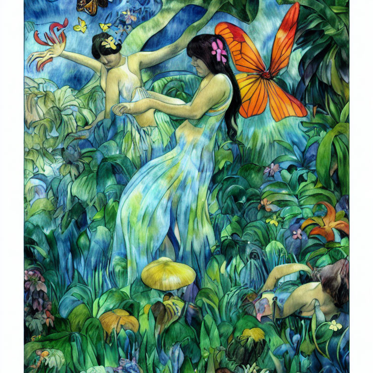 Whimsical painting of two fairies in lush forest