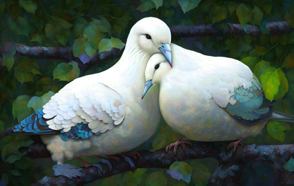 Two white doves with blue hints perched on branch in green foliage