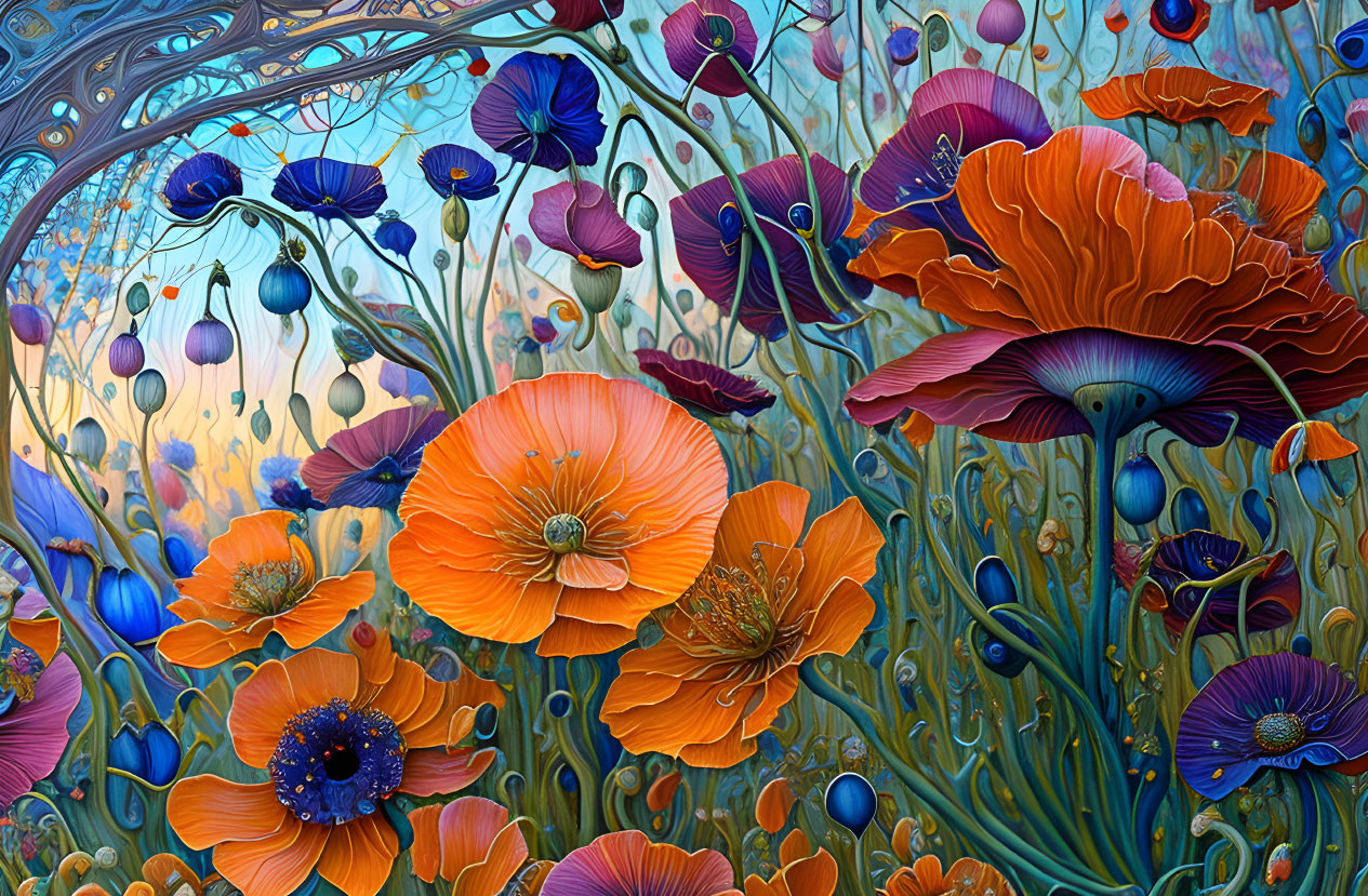 Colorful stylized poppies and botanical elements in rich oranges and blues.