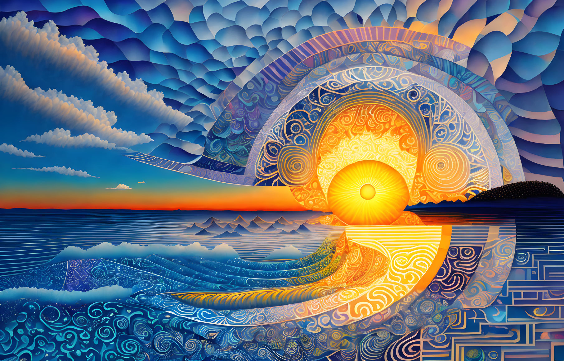 Colorful digital artwork: stylized sunset over ocean with patterned waves & clouds