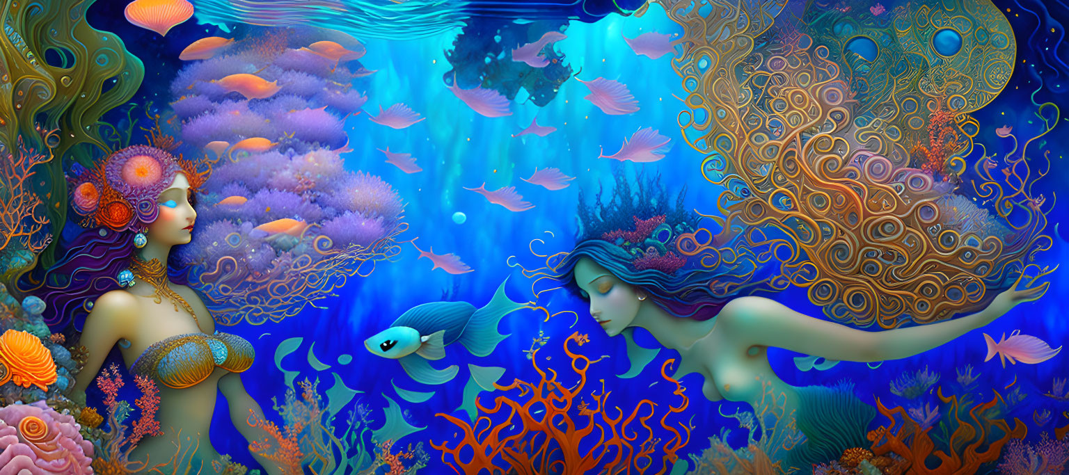 Colorful Underwater Scene: Stylized Mermaids, Coral Reefs, Fish, and Jelly