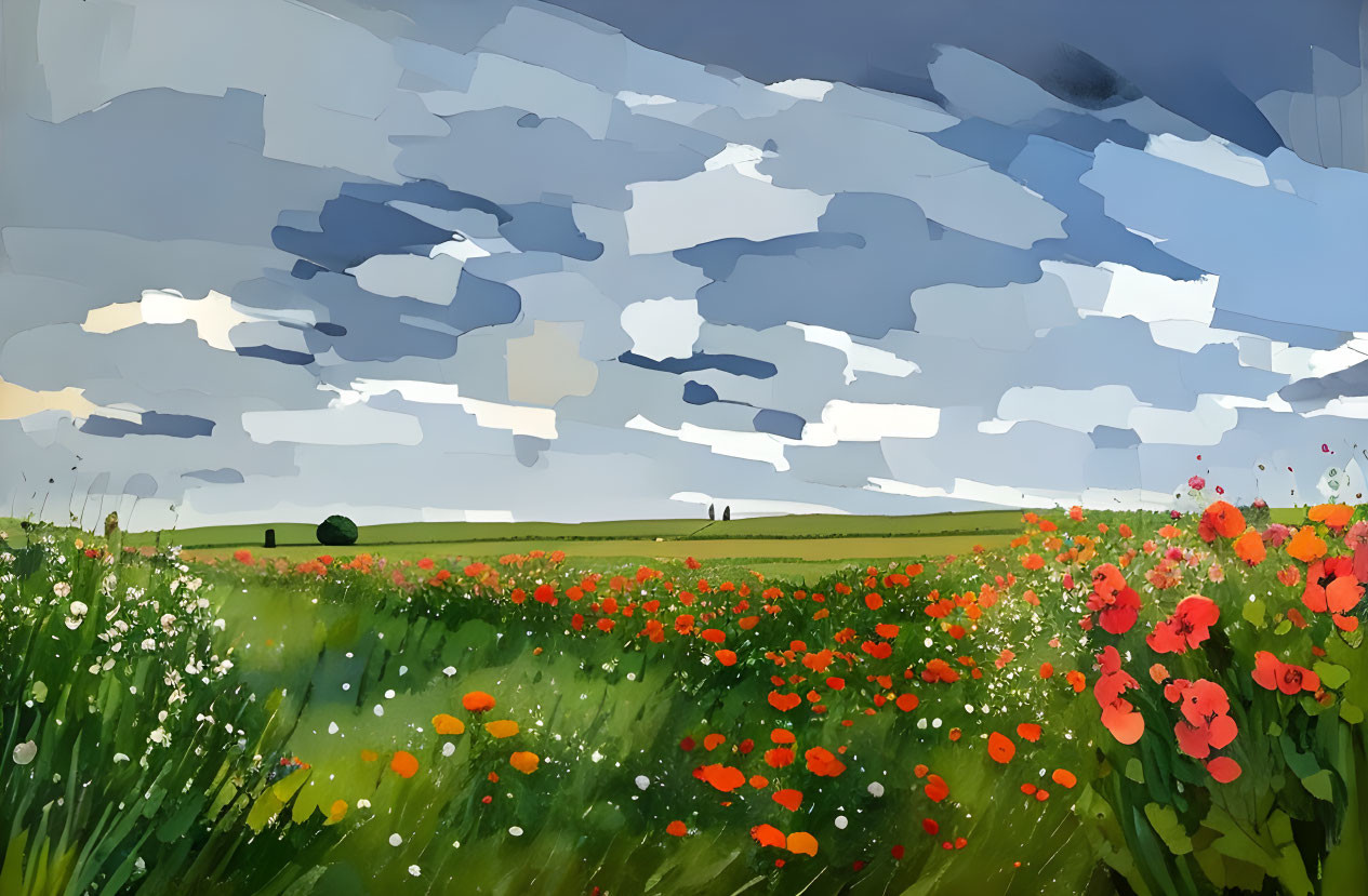 Vibrant poppy field painting under cloudy sky.