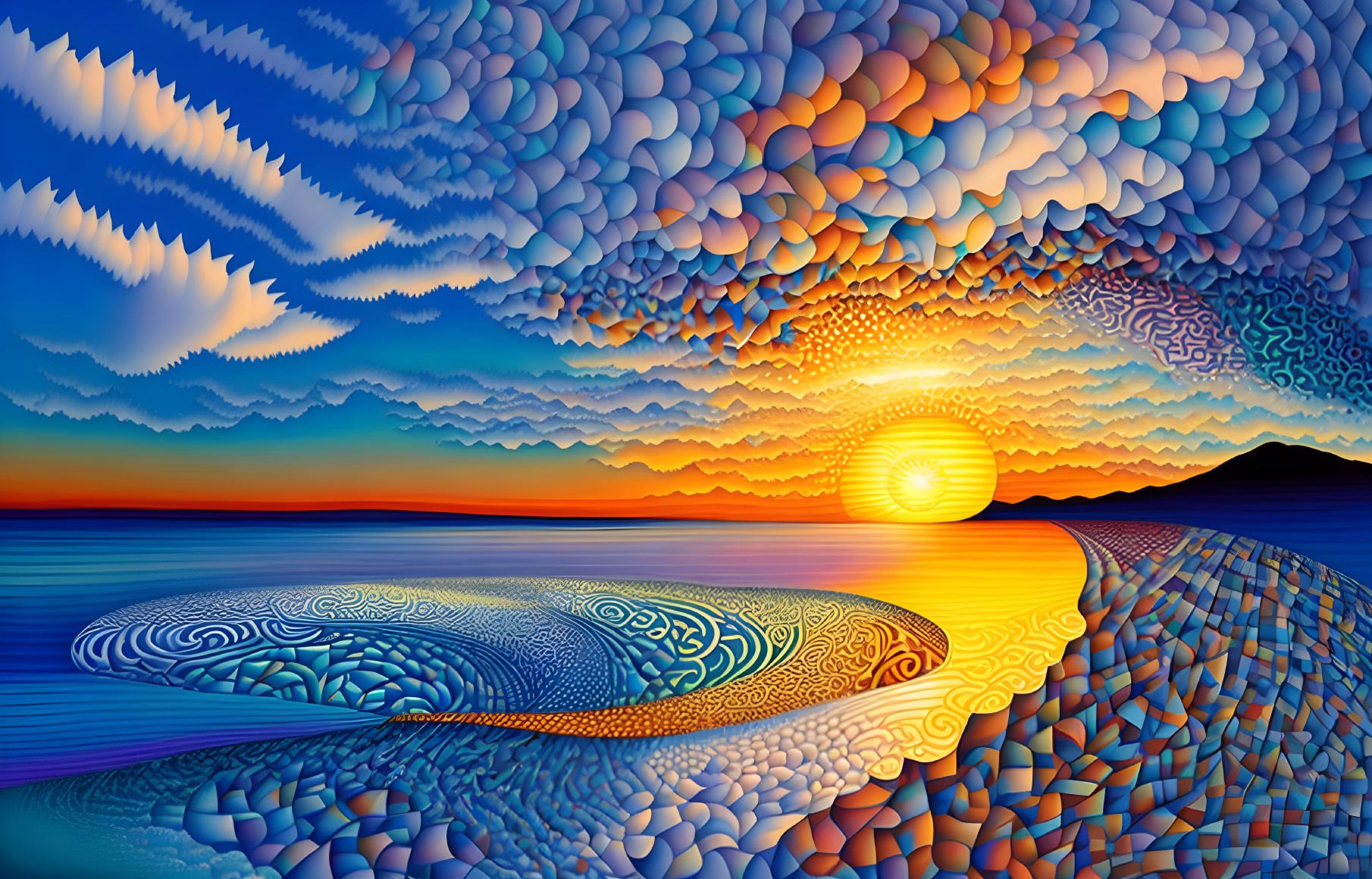 Colorful digital artwork: stylized sunset over surreal landscape