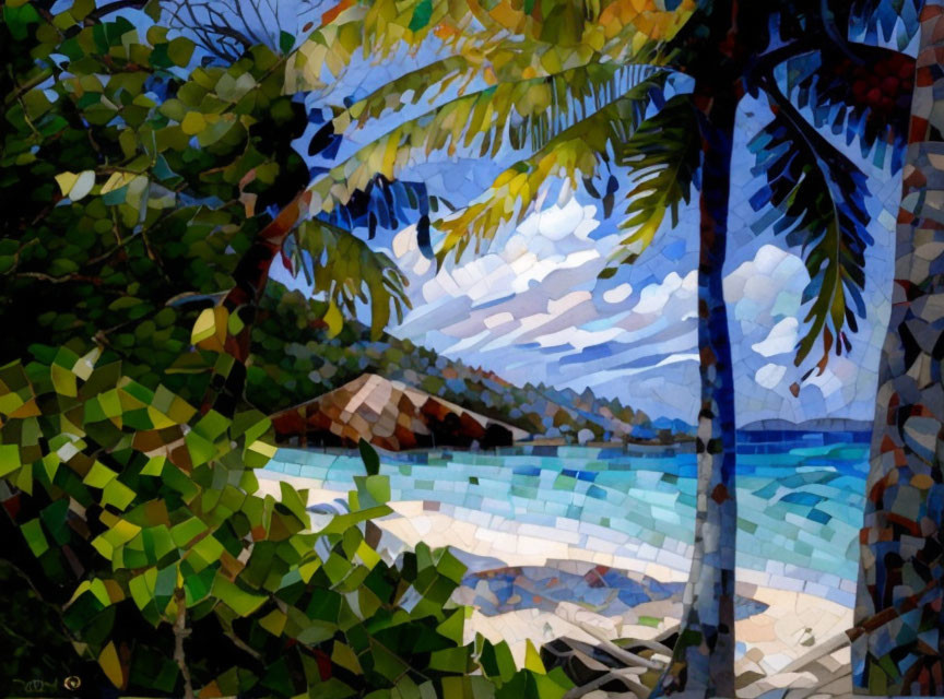 Vibrant cubist beach painting with lush foliage and calm waters