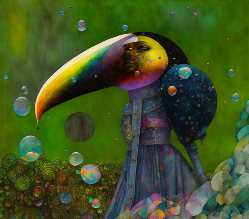 Surreal portrait with cosmic toucan head in lush celestial landscape