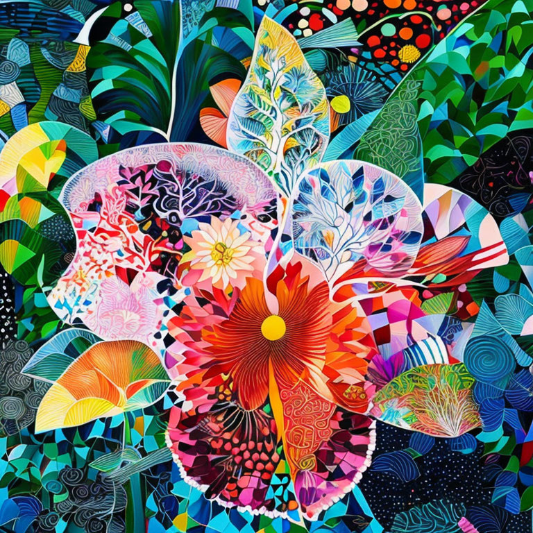 Colorful Abstract Art: Intricate Flowers & Leaves with Vibrant Patterns