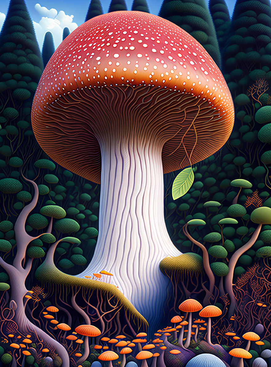 Colorful digital painting of large red-capped mushroom in fantastical forest