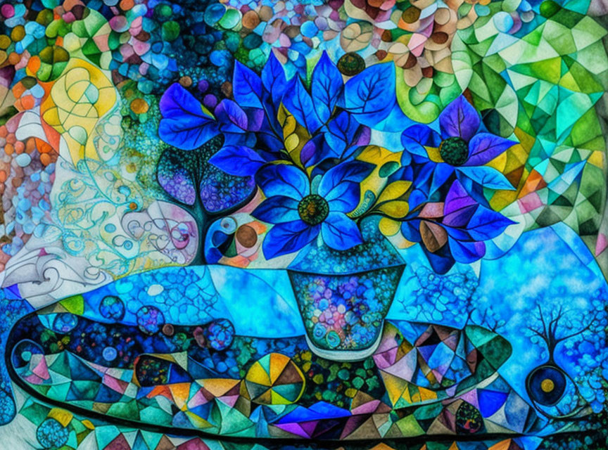 Vibrant Blue Flower Mosaic Art with Geometric Patterns