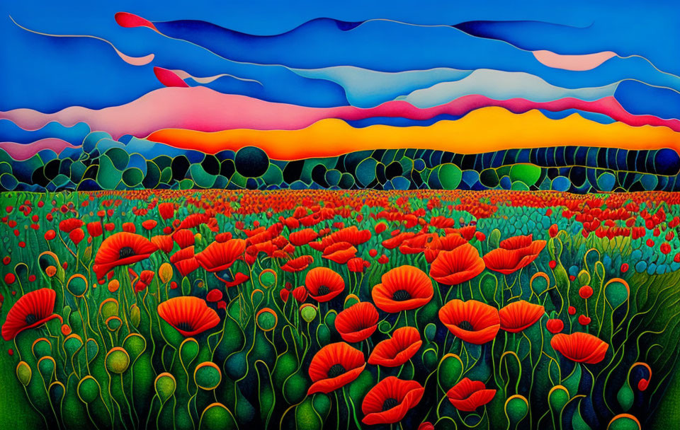 Colorful Poppy Field Painting with Surreal Landscape