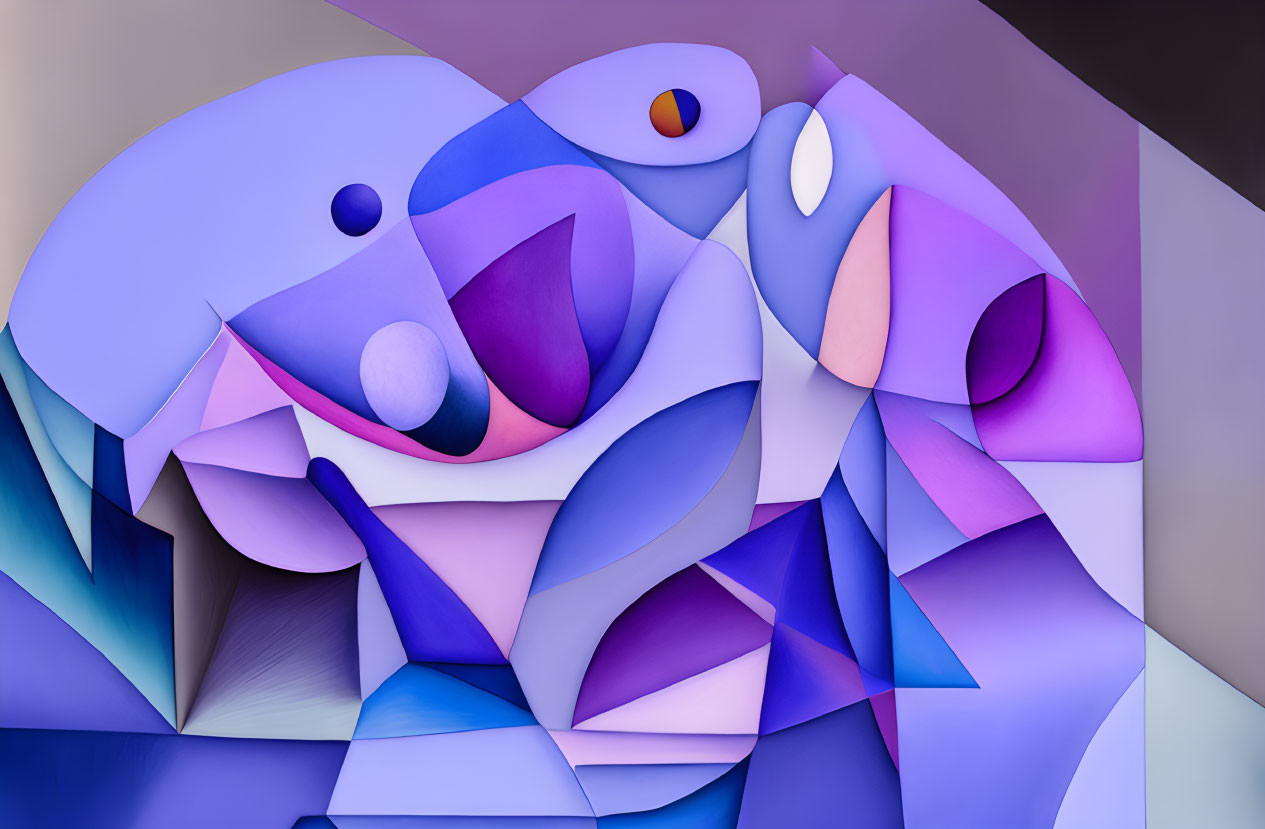 Abstract geometric painting with purple, blue, beige shapes and eye-like elements