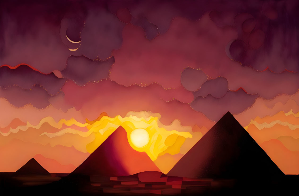 Digital artwork: Pyramids against vibrant sunset with crescent moon.